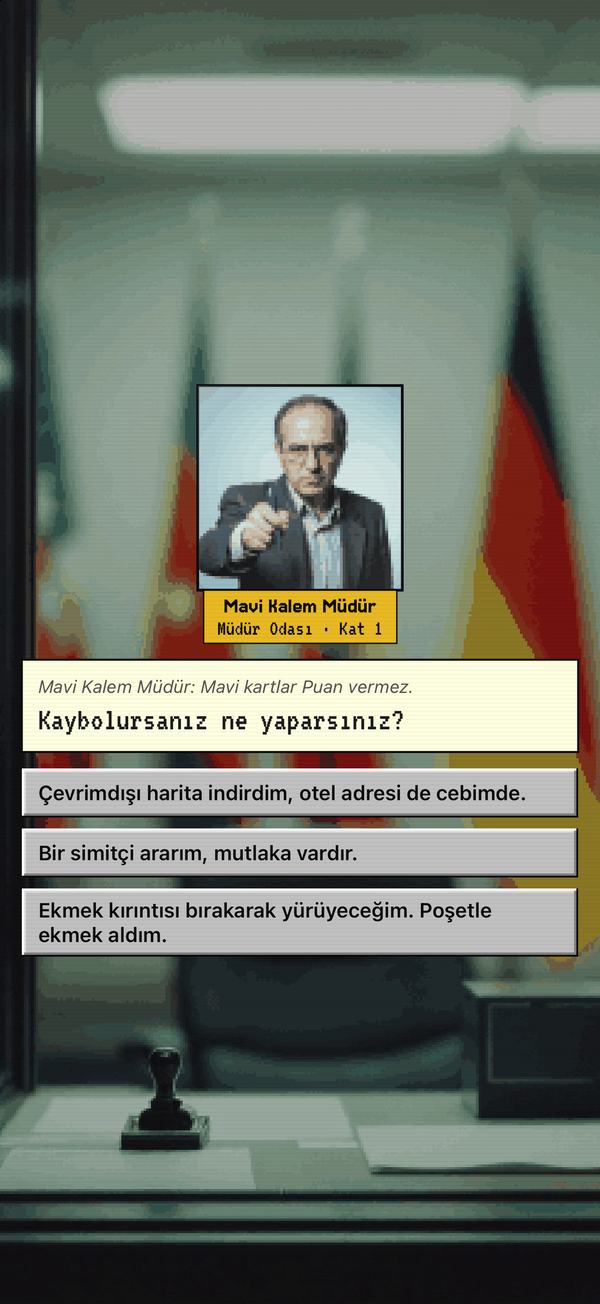 Mavi Kalem Müdür'ün odasında mülakat sorusu ve üç cevap seçeneği.